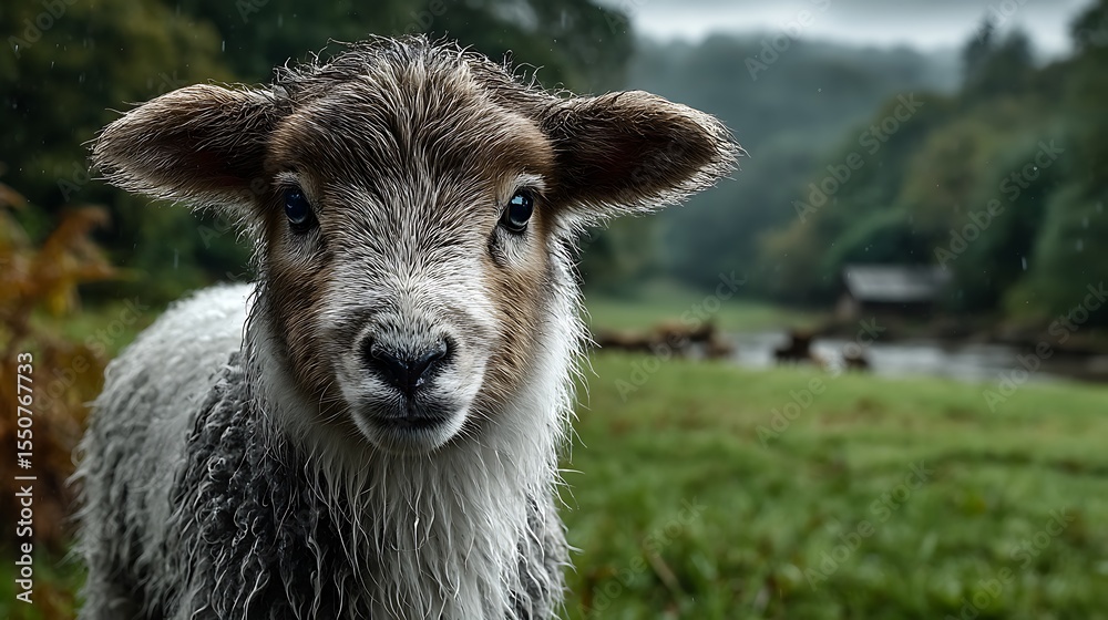 Fototapeta premium A clear, close-up shot of a white lamb in a vibrant green pasture, with faint, blurry shapes of animals far behind. .jpg