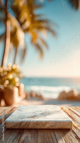 photo of white marble countertop in foreground, blurred background of tropical beach with palm trees, blue sky and ocean, soft bokeh