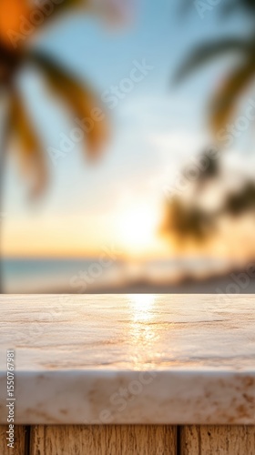 photo of white marble countertop in foreground, blurred background of tropical beach with palm trees, blue sky and ocean, soft bokeh