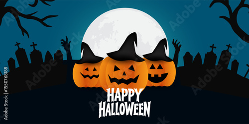 Happy Halloween poster, cards, flayer with yellow, dark blue, purple and orange design, pumpkins smile, tree, bat flying, ghost, spider, banner design on black background, set of Halloween for holday.