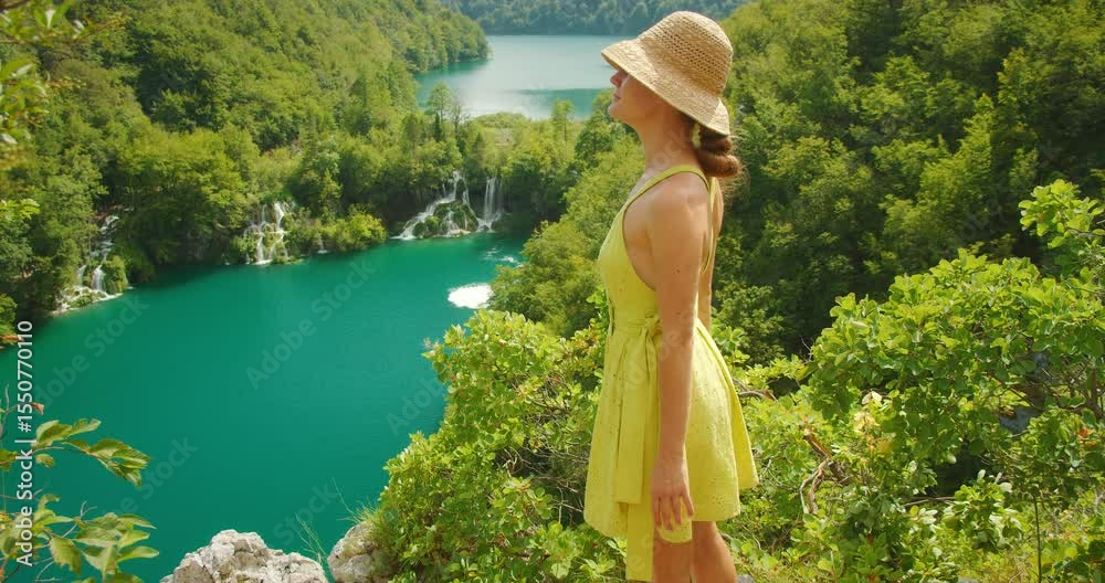 custom made wallpaper toronto digitalWoman overlooking waterfalls and lakes in Plitvice park on summer sunny day