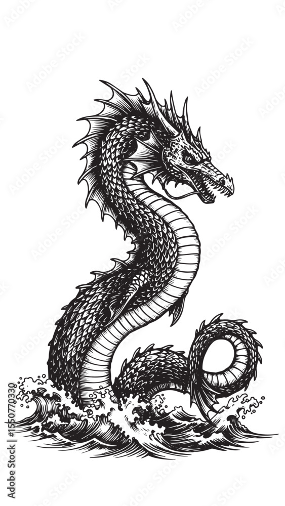 Fototapeta premium Engraved leviathan celestial mythical sea serpent detailed cosmic bold classic graphic spiritual design