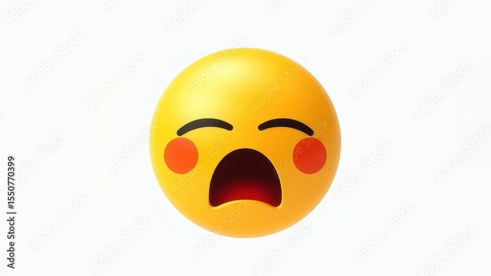 Fototapeta premium Yellow emoji face with red cheeks expressing sadness and despair on white background