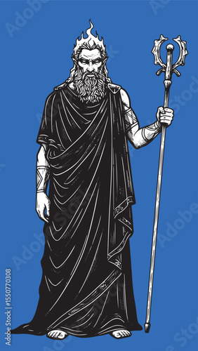 Engraved Hades god of the underworld with bident cosmic dark deity bold vintage design