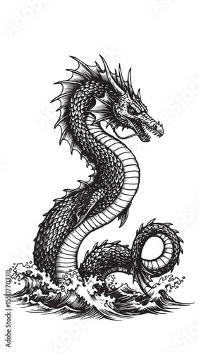 Engraved leviathan celestial mythical sea serpent detailed cosmic bold classic graphic spiritual design