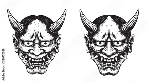 Engraved Oni demon mask with horns detailed ancient cosmic bold fierce protector design