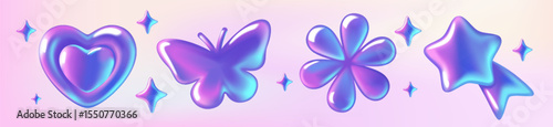Holographic y2k icon set. Abstract gradient stickers with butterfly, heart, star and flower in metallic blue and purple colors. Iridescent 3D vector illustration collection isolated on background