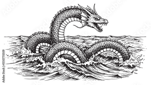 Engraved sea serpent celestial mythical ocean creature detailed cosmic bold classic graphic legendary design