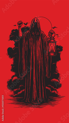 Engraved shrouded figure with lantern, symbolizing the search for truth, enlightenment, and guidance in the unknown