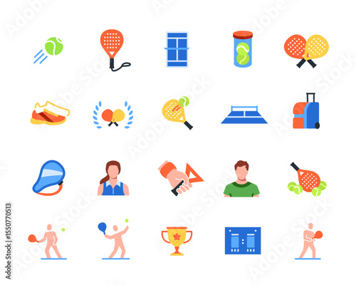 Padel tennis icon set. Colorful signs with paddle racket, ball, sports court for game, champion cup and athletes. Design elements for app. Flat vector illustration collection isolated on background