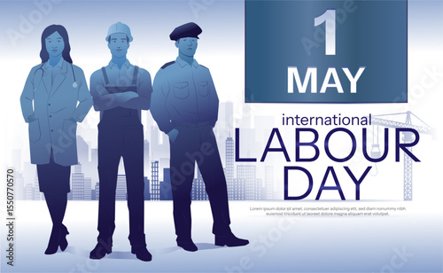 Happy International Labour day. Banner or poster with group of men and women of different professions. Background with doctor, engineer and policeman. Cartoon Flat vector illustration