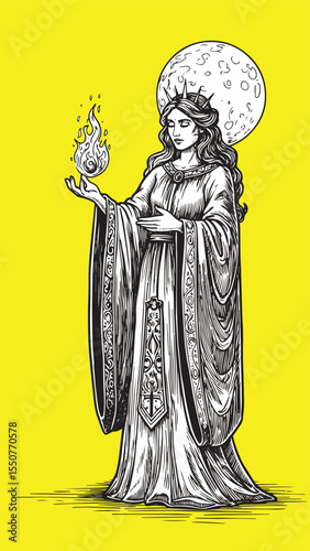 Engraved priestess with sacred flame, embodying the balance of light and dark, spiritual transformation, under the cosmic influence of the moon