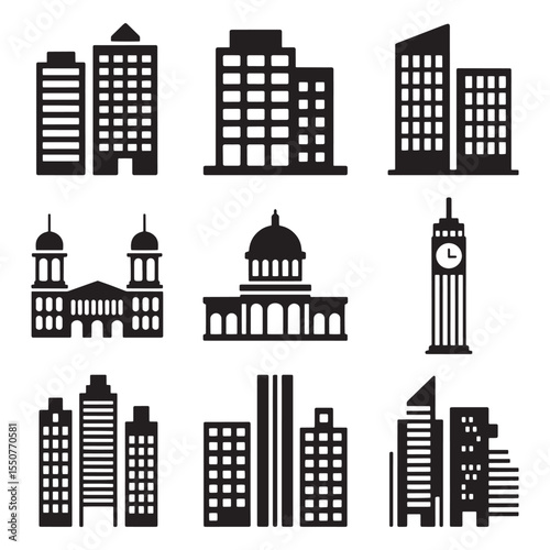 Collection of Black Silhouette Building Icons Representing Cityscapes and Landmarks against a White Background Architectural Variety and Urban Themes