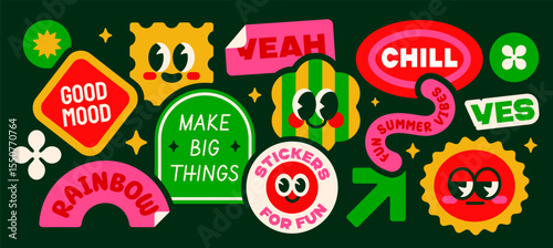 Trendy y2k stickers set. Futuristic funny patches with faces, geometric shapes and lettering. Retro Groovy Labels for printing. Flat vector illustration collection isolated on background