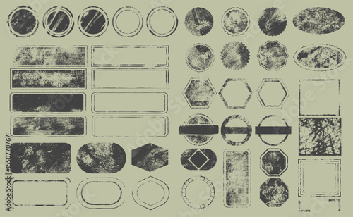 Stamp frames set. Icons with grunge ink rubber labels of different geometric shapes. Black stamp border pack with distressed texture. Hand drawn vector illustration collection isolated on background