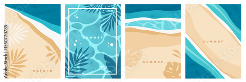 Summer Poster Set. Beautiful flyers with seascapes and top views of sea, ocean and sandy beach. Natural tropical landscape with waves. Flat vector illustration collection isolated on background