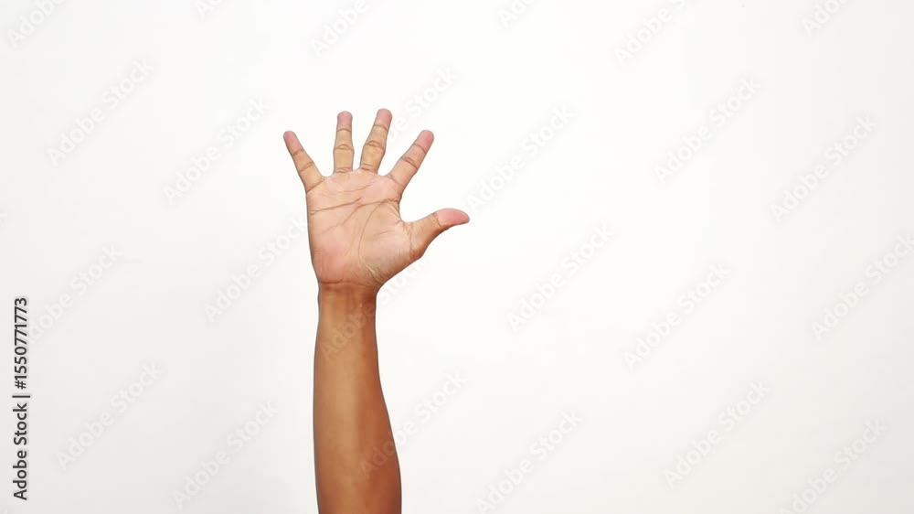 Counting hands showing numbers from zero to five with arm raised on white background