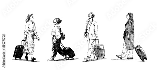 Vector illustration of stylish travelers with luggage, embodying modern urban mobility and wanderlust. Perfect for travel themes, lifestyle blogs, and adventure branding.