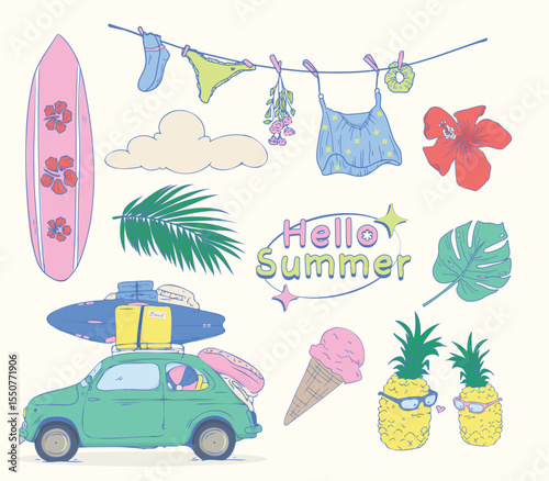 Cute Summer Travel Elements Pack Hand Drawn Style. Includes beachwear, tropical drinks, vacation gear, and plants. Great for crafting, social media, and print projects.