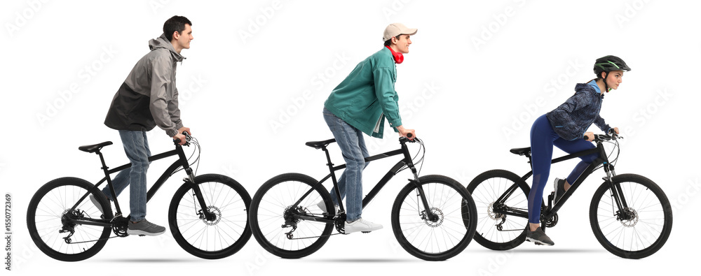 Obraz premium Young man and woman riding bicycles on white background, collage