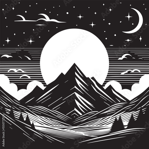 black and white night background, editable vector image