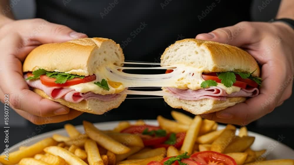 Man's hands pulling apart large sandwich with ham, cheese, and fresh vegetables, cheese stretching 
