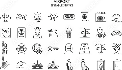 AIRPORT Editable Stroke Line Icons - Travel & Aviation Set