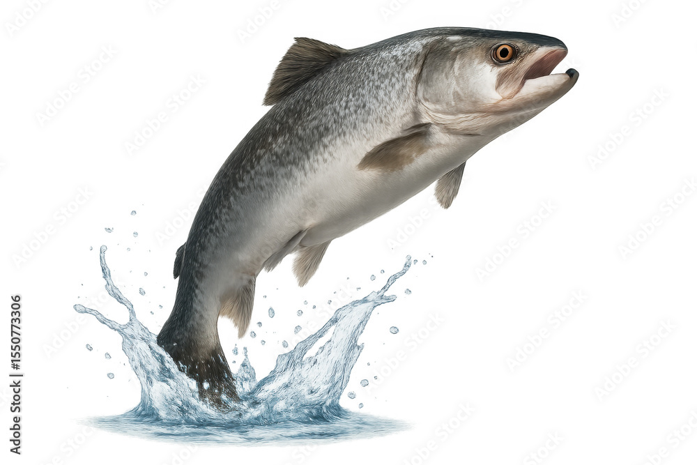 Naklejka premium Large salmon jumping out of splashing, clear water with open mouth, isolated on transparent background