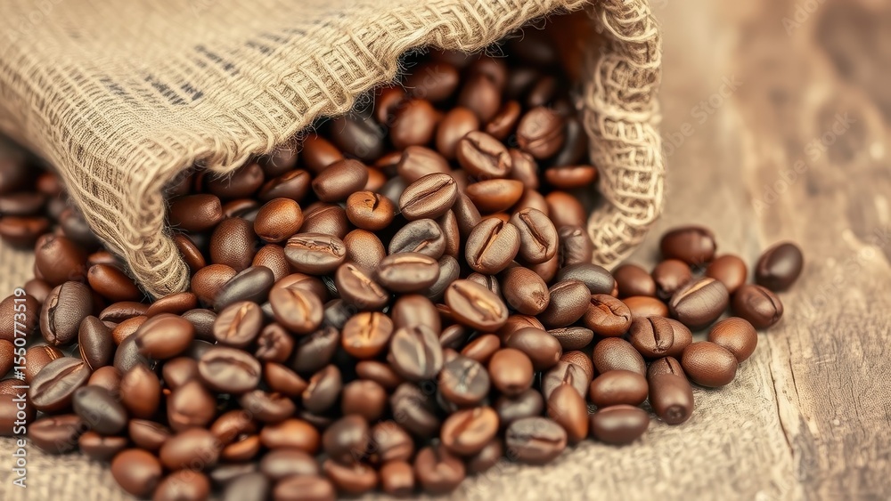 Fototapeta premium Coffee beans spilling from a burlap sack onto a rustic wooden surface