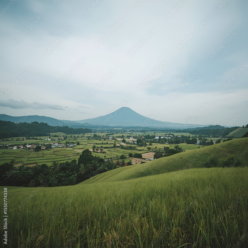 Fototapeta premium Rice Fields and Mountain View from Hilltop