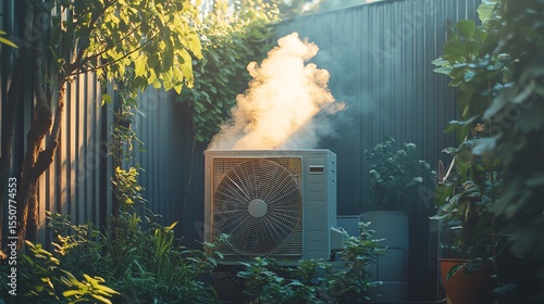 Outdoor air conditioning unit releasing warm vapor surrounded by greenery and enclosed by a metal fence during daylight.