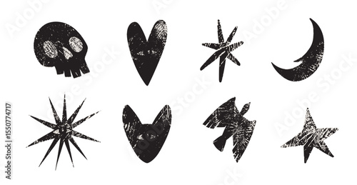 Neofolk mystic vector set with hand-drawn skull, stars, moon, heart, eyes and bird. Grunge textured occult elements for boho designs, tattoo art, and spiritual posters.