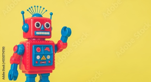 Vintage Red Robot Toy on Yellow Background Classic Retro Robot