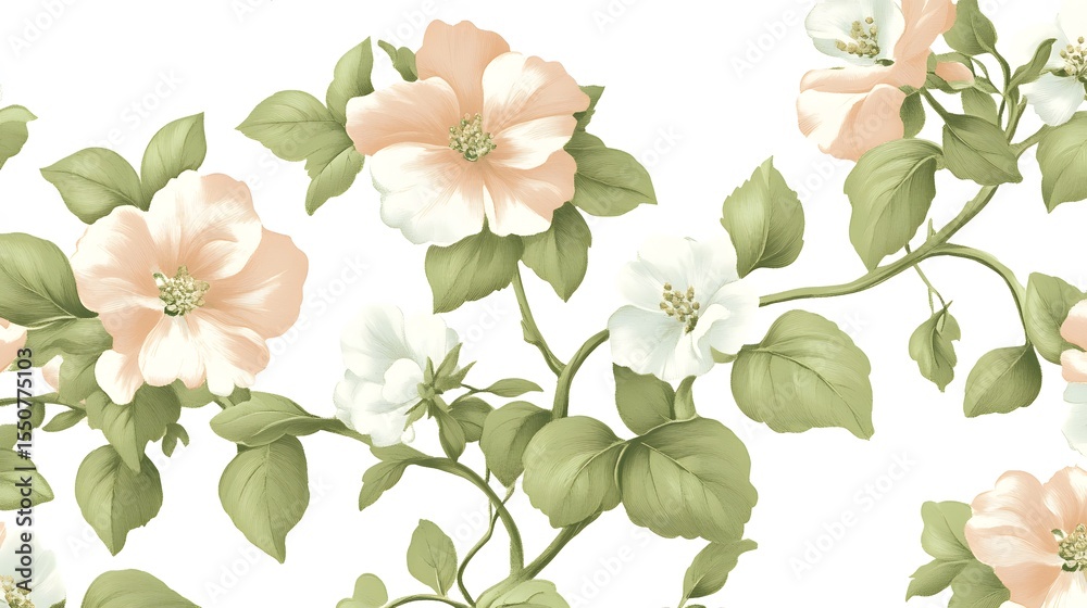 Fototapeta premium Elegant Peach and White Floral Branch Seamless Pattern
