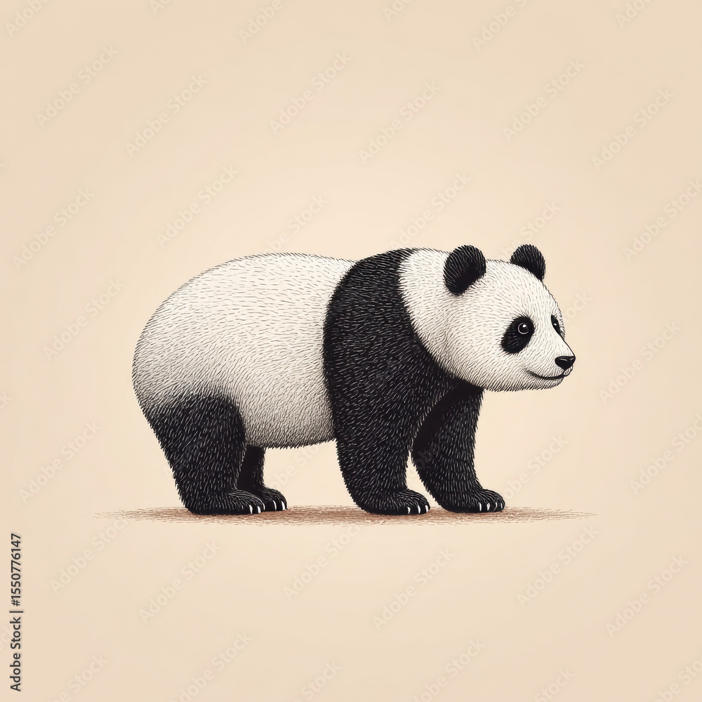 Fototapeta premium Giant panda standing on beige background with detailed fur texture and calm expression in minimalist style