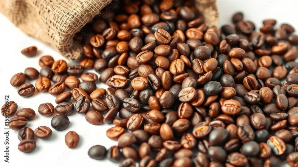 Fototapeta premium Roasted coffee beans spilling from a burlap sack on white background