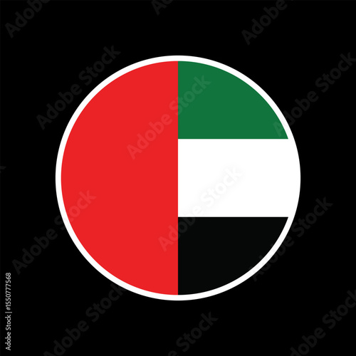United Arab Emirates circle flag. Flag of the United Arab Emirates. Flag icon. Standard color. Circle icon flag. Black background. Computer digital vector illustration.