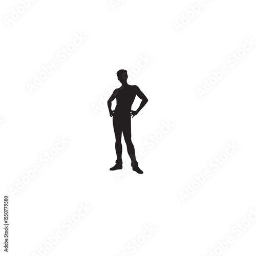 Vector art of silhouette of a confident muscular man standing with hands on hips, isolated on white background