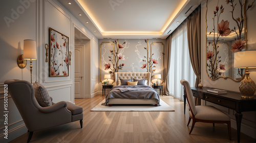 Elegant bedroom interior with floral wall art and classic furniture