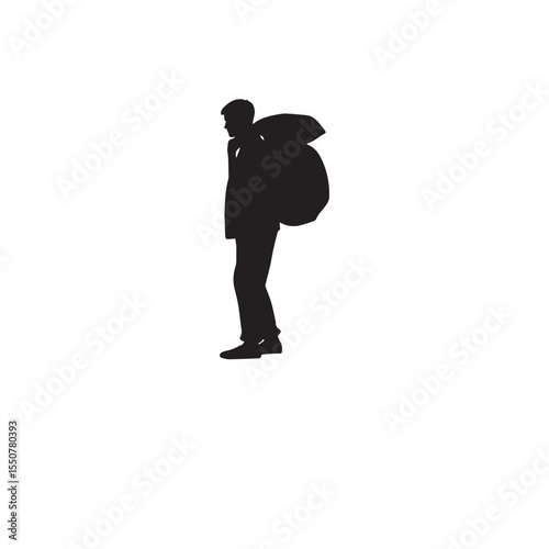 Vector art of silhouette of a man with a backpack, walking in the city, isolated on white background