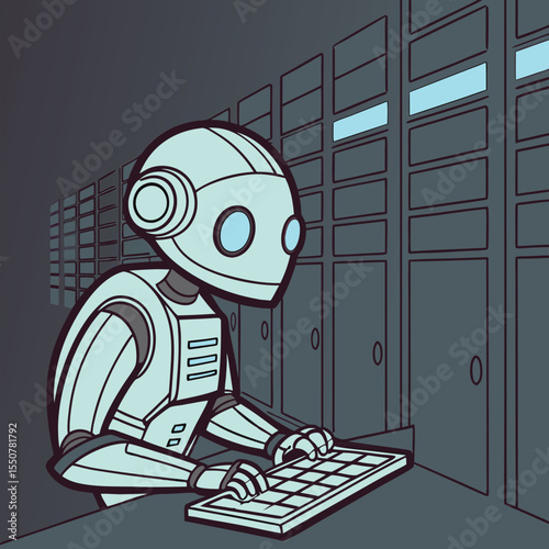Robot typing on keyboard in a dark server room
