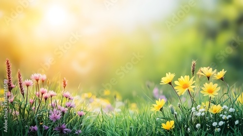 Vibrant Spring Meadow Flowers Sunset Landscape