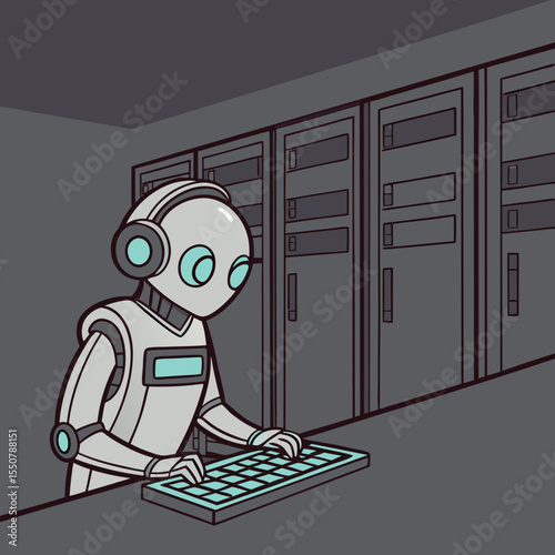 Robot typing on keyboard in a dark server room