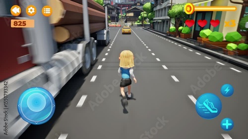 Animation of the girl hero running around the obstacles in a fake video game. Animation of the digital map in a fake smartphone game. Animation of the arcade fake game level. High Score.