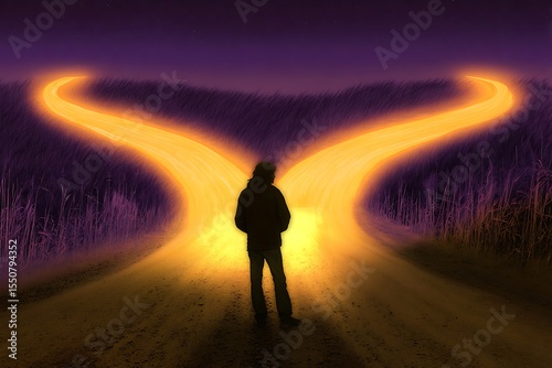 A person at a crossroads, illuminated paths