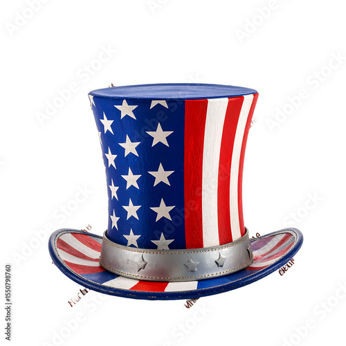 Stars and Stripes Top Hat png with USA Flag Design, Patriotic Red, White, and Blue Colors for 4th of July Celebration. Fourth of july, happy independence day, web banner concept.