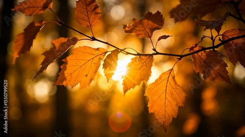 Sunlight Filtering Through Autumn Leaves. Natural, warm golden light, vibrant fall colors. Tranquil forest, seasonal beauty. Backgrounds, relaxation videos, documentaries, fall marketing