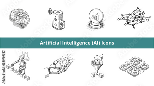 AI Concept Icons, hand-drawn isometric sketch, black and white, depicting artificial intelligence, machine learning, and automation for technology, data science, and innovation visuals