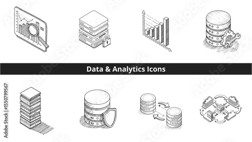 Data Analytics Icons, hand-drawn isometric sketch, black and white, illustrating data processing, visualization, storage, and management for business intelligence, big data, and IT infrastructure