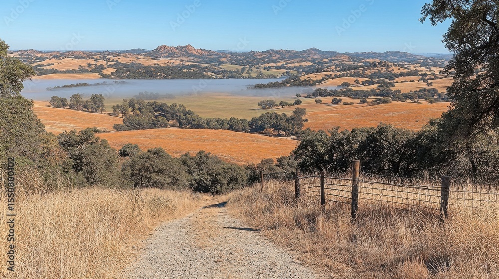 Naklejka premium Scenic Vineyard Landscape with Rolling Hills and Distant Lake on Sunny Day
